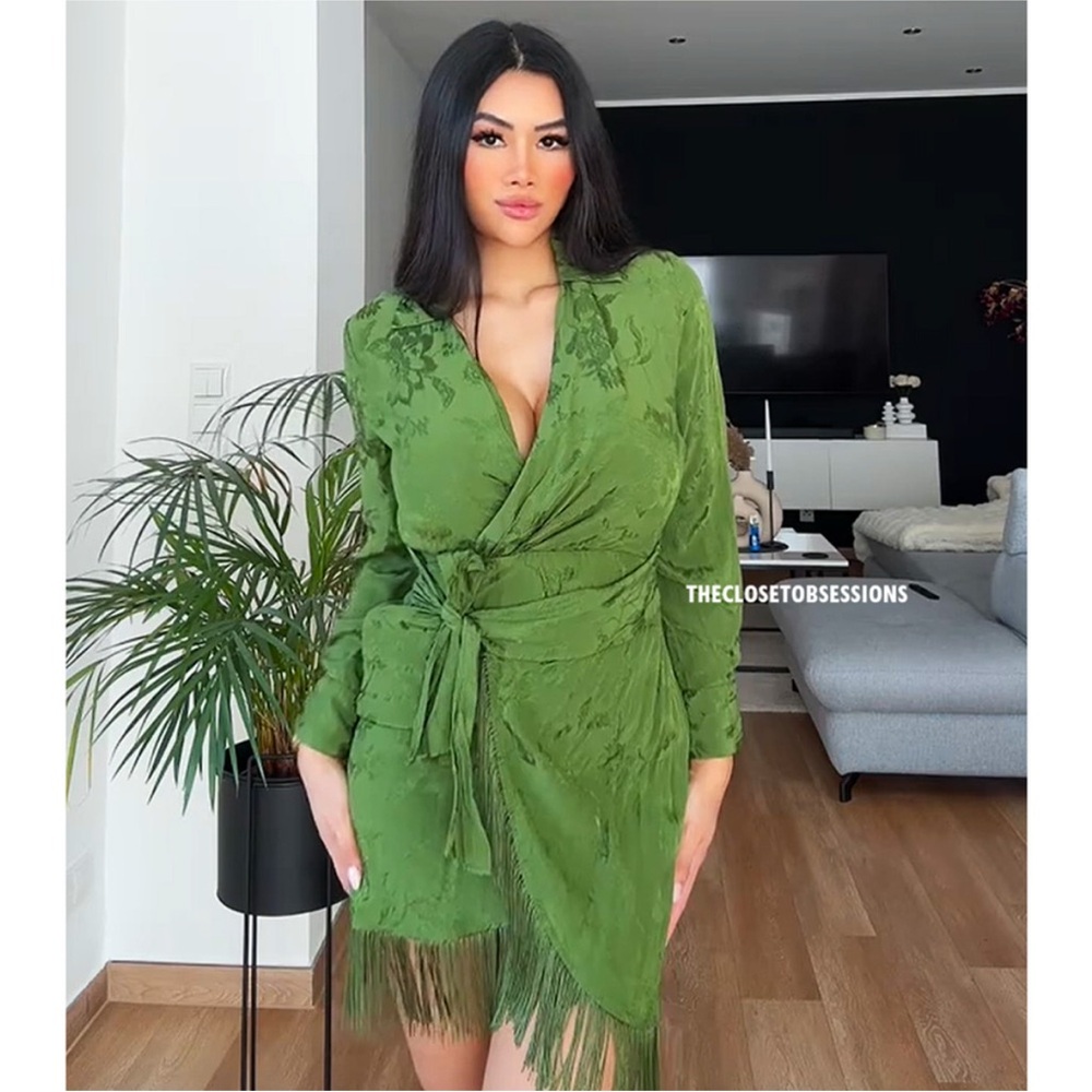 ZARA fringed Jacquard wrap dress green 2157/035 - Picture 15 of 16